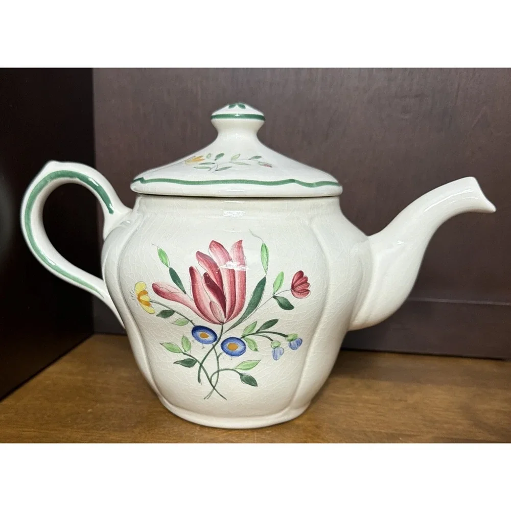 Longchamp Teapot Suger & Creamer French Faience Hand Painted Floral VTG